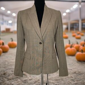 Elie Tahari Tan Wool Blend Plaid Single Button Blazer Size 10